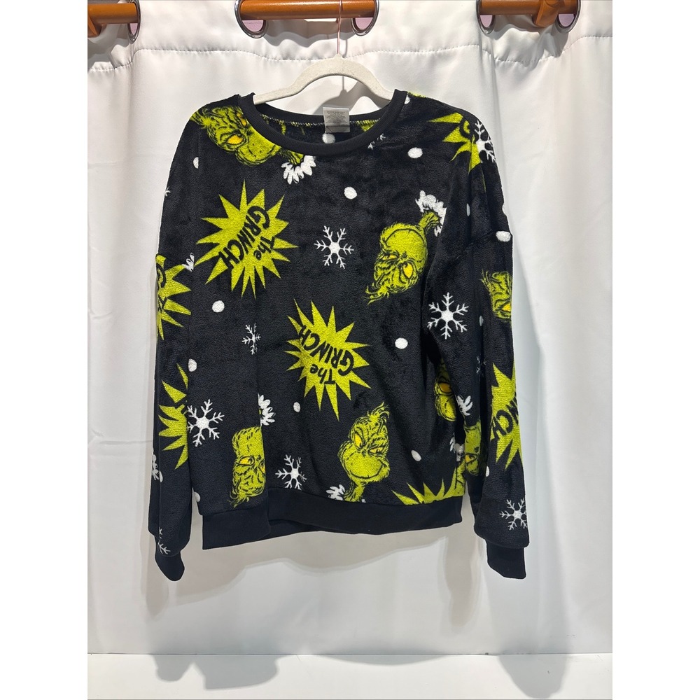 The Grinch Fleece Sweatshirt Unisex Large Black Green Snowflake Plush Pullover